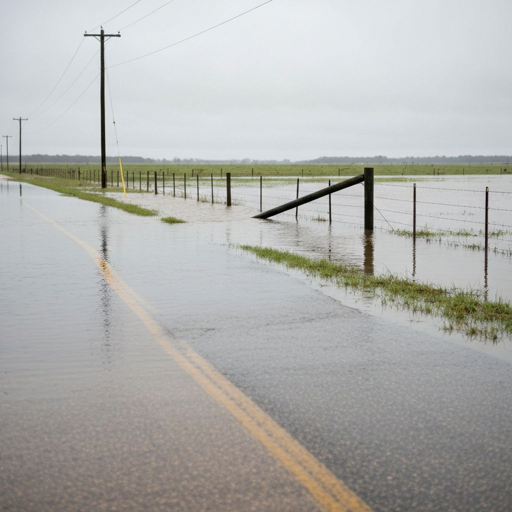 Flooded rural Texas road showing the reality of flash flooding