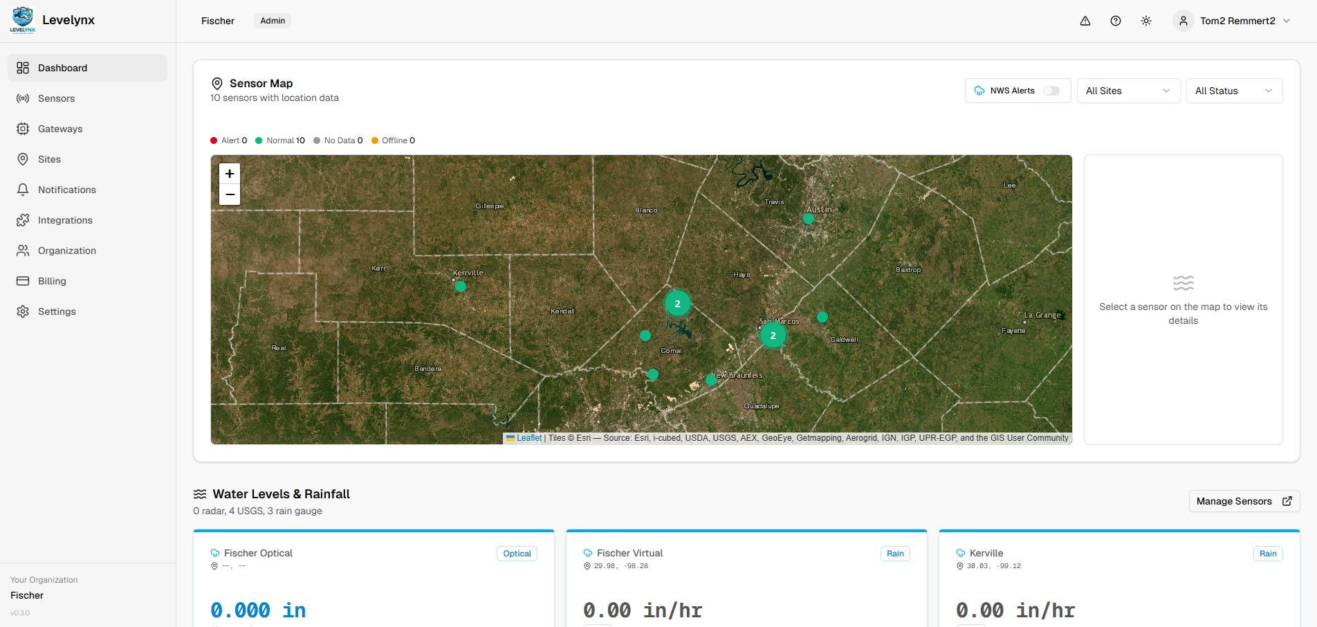 Levelynx Dashboard showing sensor map with real-time monitoring data
